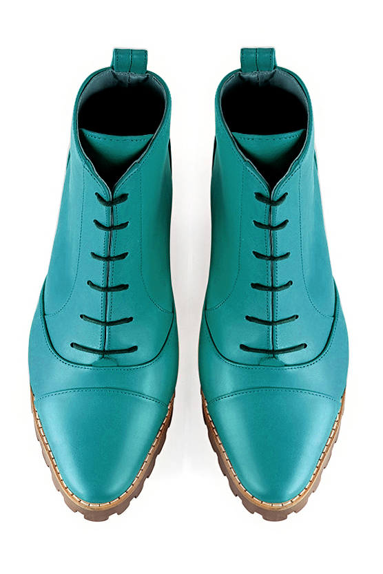 Turquoise blue women's ankle boots with laces at the front. Round toe. Low rubber soles. Top view - Florence KOOIJMAN